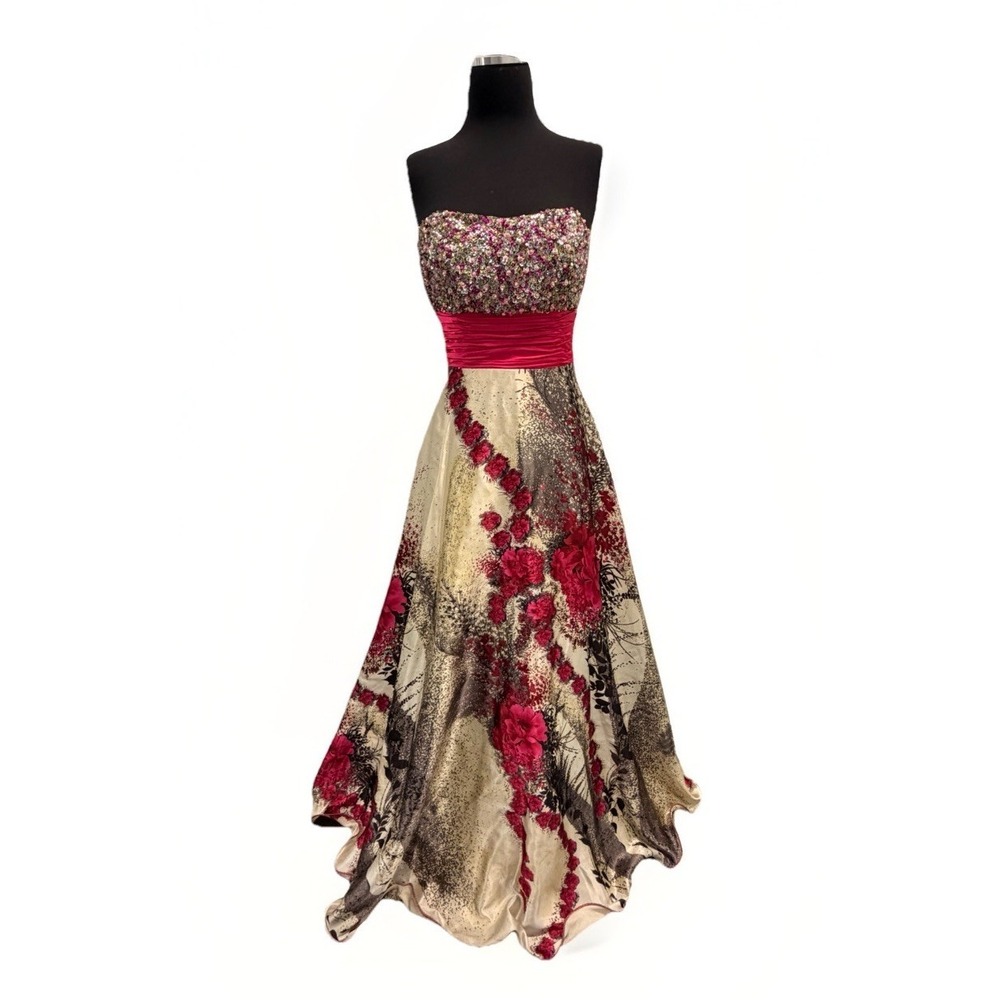 Tiffany Designs Y2K Strapless Beaded Sequin Satin Pink Floral Formal Prom Dress‎